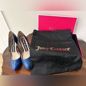 Juicy Couture Blue Leather Pointed-Toe Heels with Black Logo Dust Bag and Box
